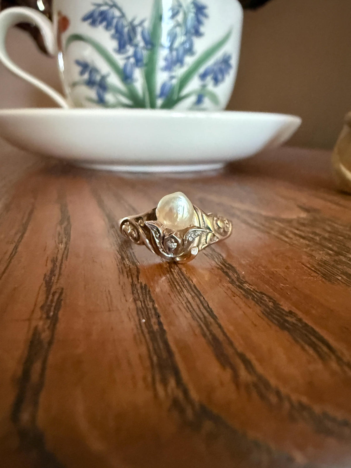 Antique Signet Figural 3D Floral Ring Baroque Pearl Old Mine Cut Diamond 10k Gold Ornate Flower Bud Scrolled Stacker Band