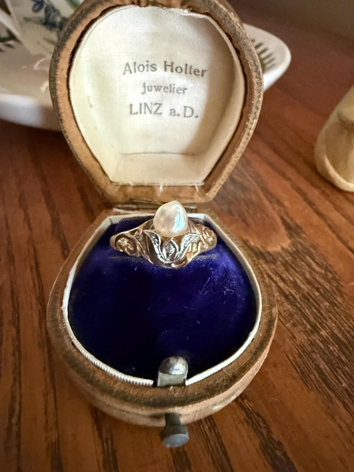 Antique Signet Figural 3D Floral Ring Baroque Pearl Old Mine Cut Diamond 10k Gold Ornate Flower Bud Scrolled Stacker Band