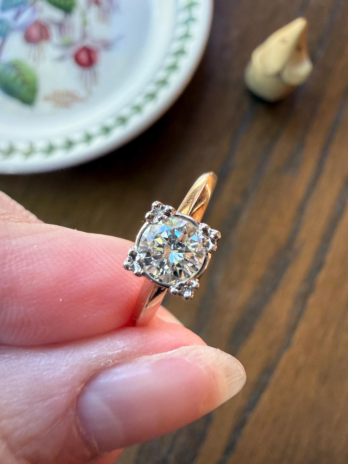 Vintage .67 Carat Transitional Cut Diamond Solitaire Ring 14k Gold Art Deco Square Face Knife Edge Band Engagement Stacker