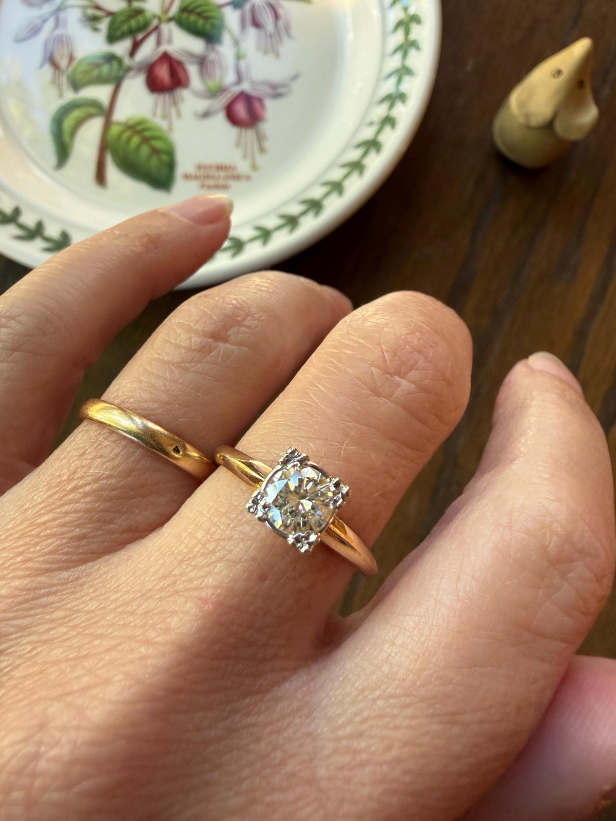 Vintage .67 Carat Transitional Cut Diamond Solitaire Ring 14k Gold Art Deco Square Face Knife Edge Band Engagement Stacker