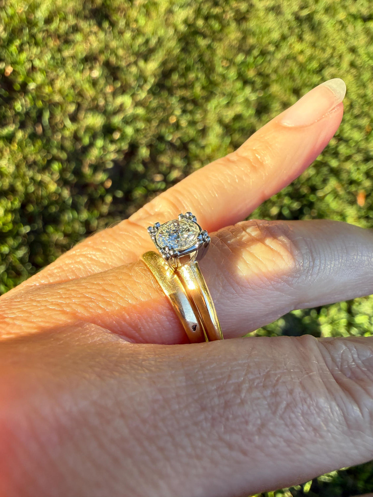 Vintage .67 Carat Transitional Cut Diamond Solitaire Ring 14k Gold Art Deco Square Face Knife Edge Band Engagement Stacker