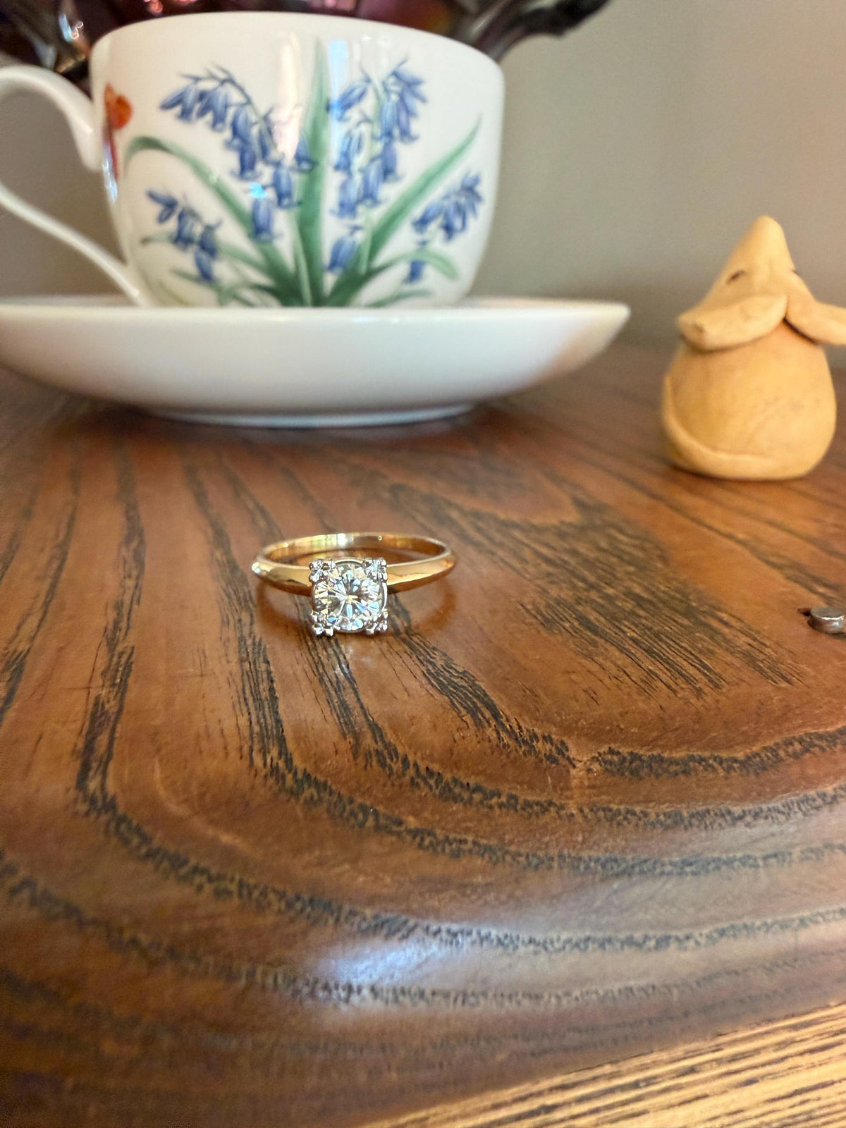 Vintage .67 Carat Transitional Cut Diamond Solitaire Ring 14k Gold Art Deco Square Face Knife Edge Band Engagement Stacker