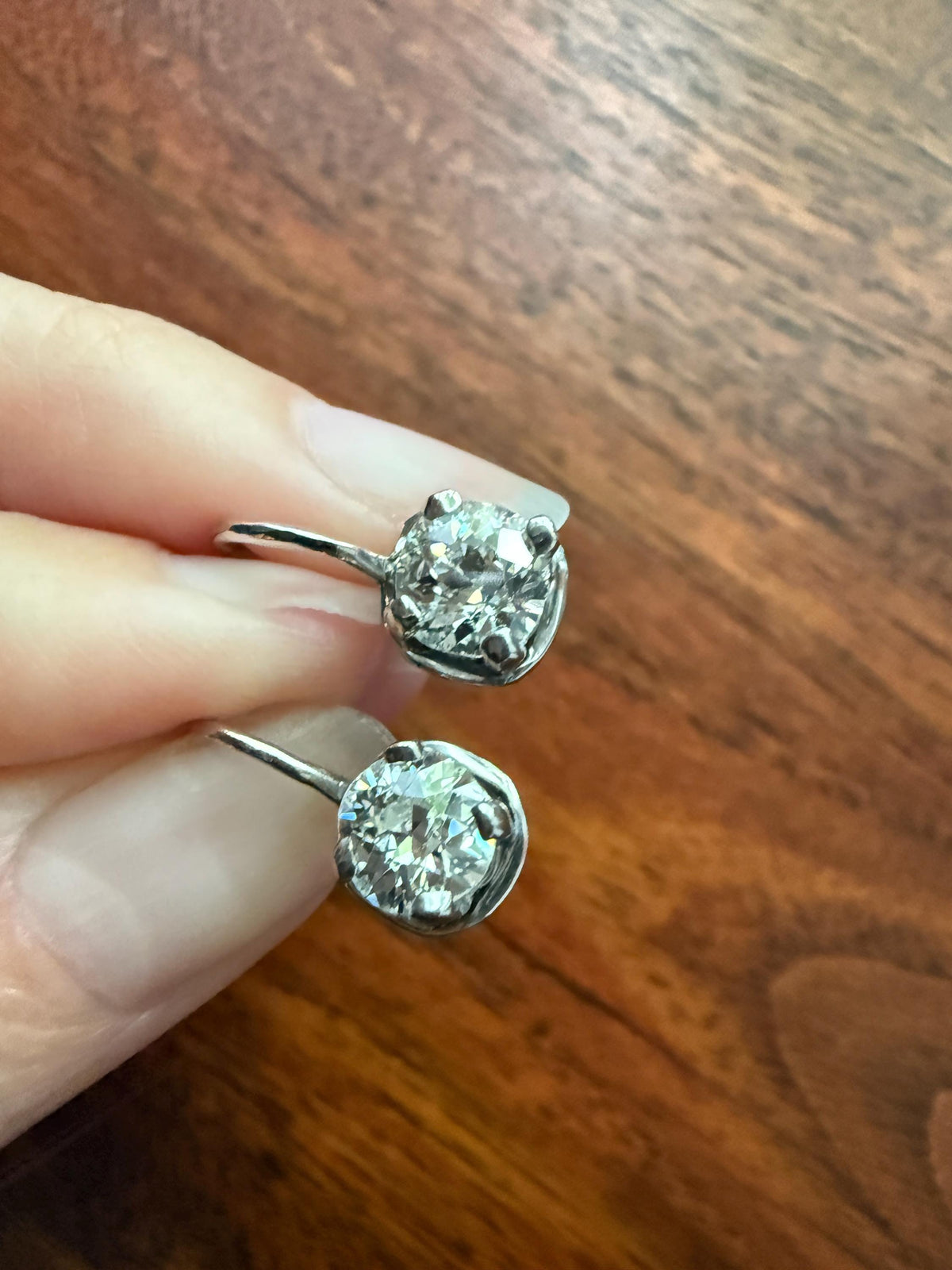 FRENCH Vintage Boxed Two Carats Tdw Antique Old Mine Cut DIAMOND Fixed Dangle Earrings 18k White Gold 2Ctw