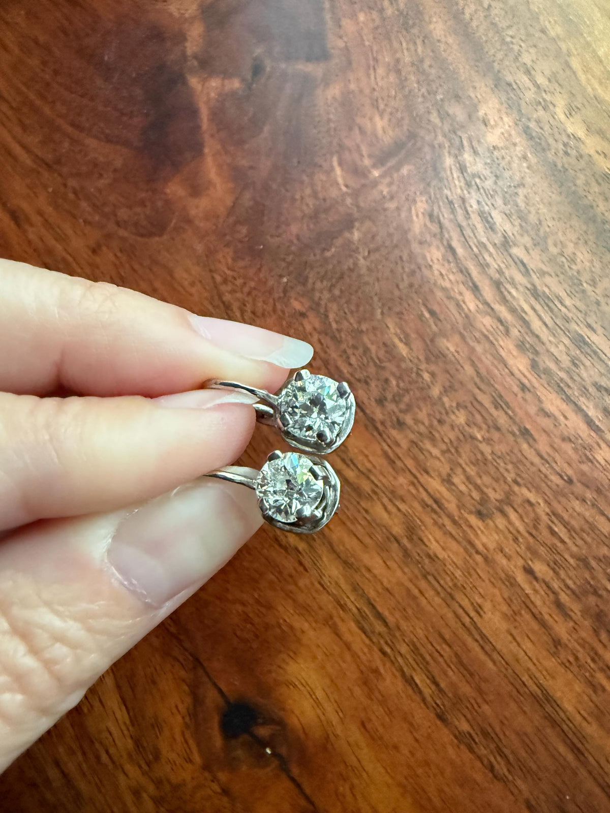 FRENCH Vintage Boxed Two Carats Tdw Antique Old Mine Cut DIAMOND Fixed Dangle Earrings 18k White Gold 2Ctw