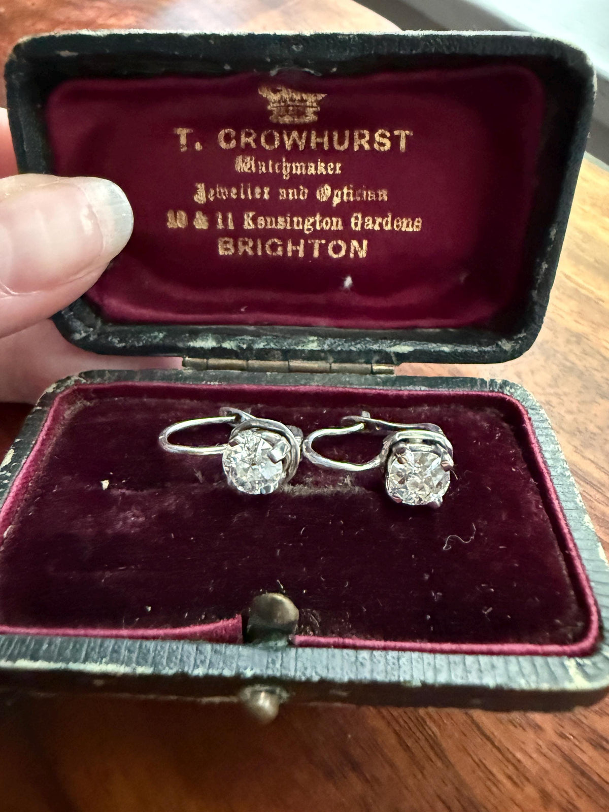 FRENCH Vintage Boxed Two Carats Tdw Antique Old Mine Cut DIAMOND Fixed Dangle Earrings 18k White Gold 2Ctw