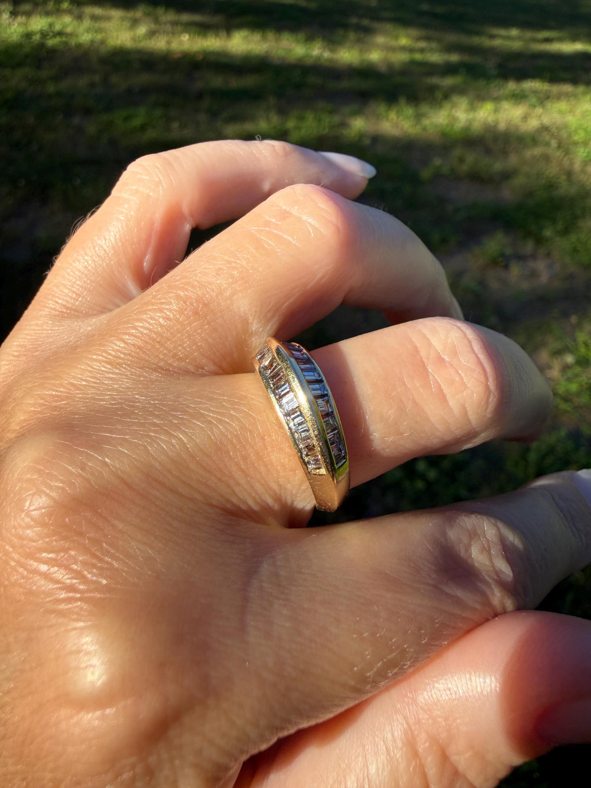 Unique Vintage Baguette Carre Cut Beveled One Carat Diamond Band 18k Gold Stacker Ring Knife Edge Step Cut Geometric