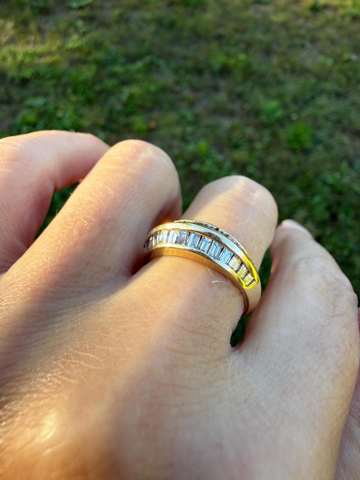 Unique Vintage Baguette Carre Cut Beveled One Carat Diamond Band 18k Gold Stacker Ring Knife Edge Step Cut Geometric