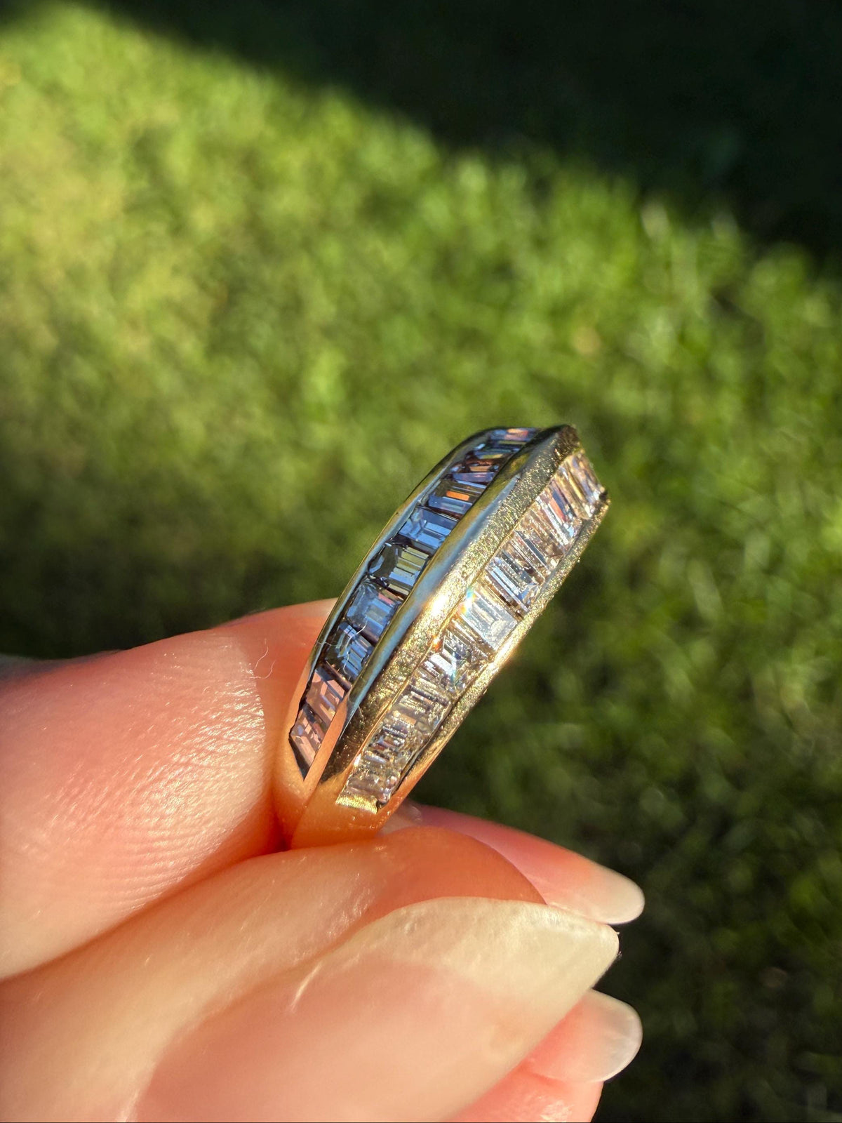 Unique Vintage Baguette Carre Cut Beveled One Carat Diamond Band 18k Gold Stacker Ring Knife Edge Step Cut Geometric