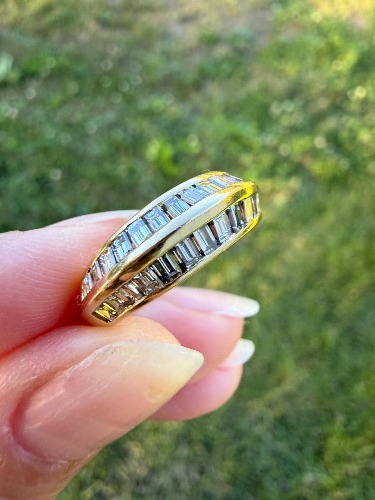 Unique Vintage Baguette Carre Cut Beveled One Carat Diamond Band 18k Gold Stacker Ring Knife Edge Step Cut Geometric