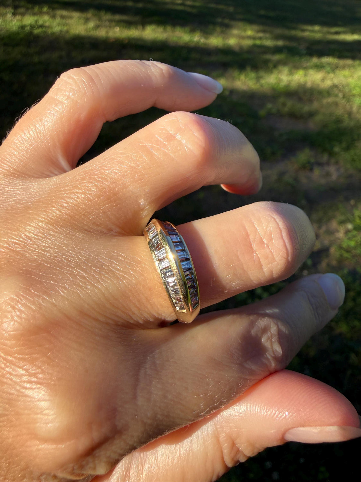 Unique Vintage Baguette Carre Cut Beveled One Carat Diamond Band 18k Gold Stacker Ring Knife Edge Step Cut Geometric