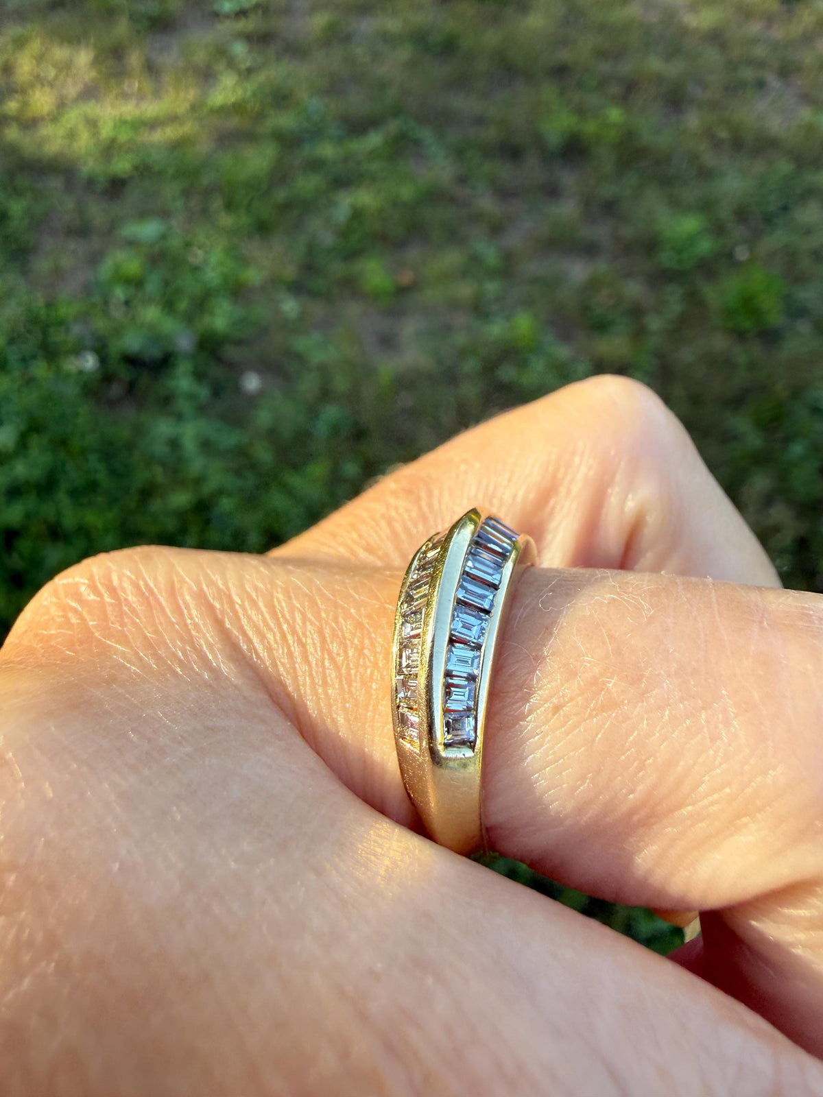 Unique Vintage Baguette Carre Cut Beveled One Carat Diamond Band 18k Gold Stacker Ring Knife Edge Step Cut Geometric