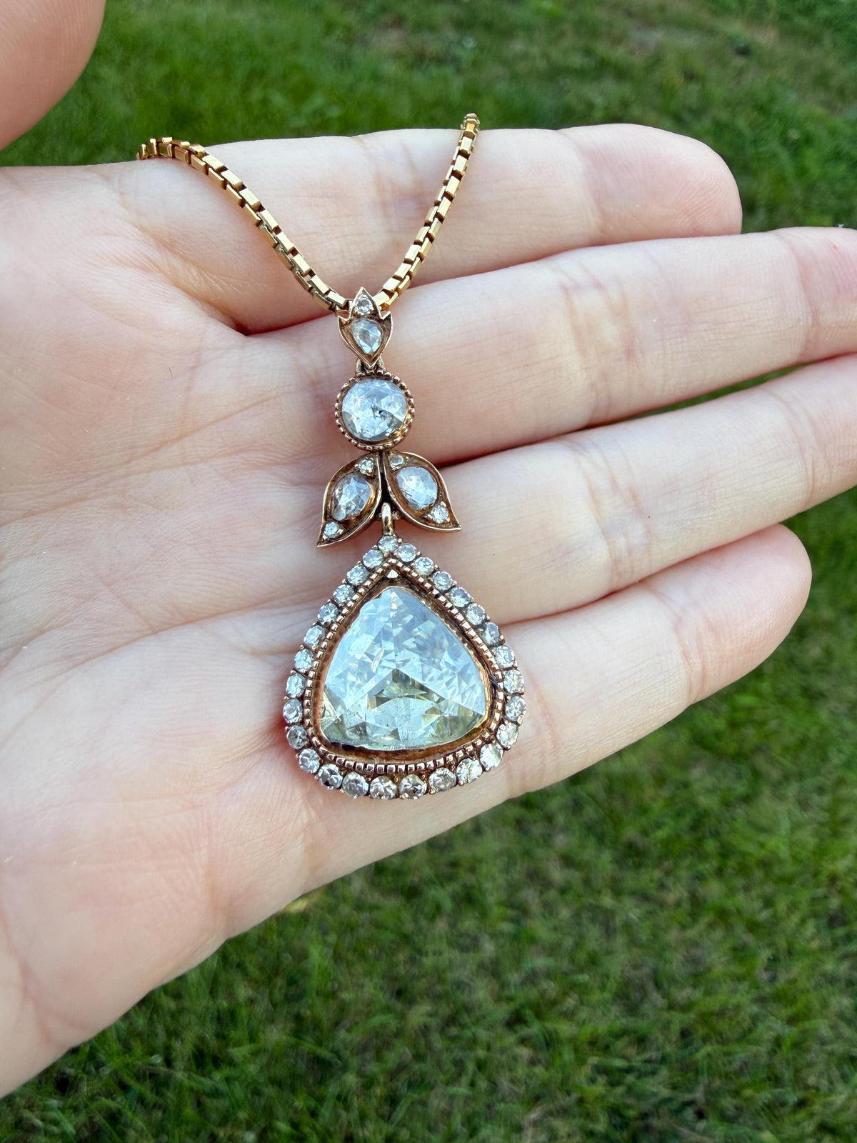 PEAR Triangular Antique XL Natural Old Dutch Rose Cut DIAMOND 3.5 Carat Chubby Pendant 14k Gold Xx Carat Retro Vintage 18k Venetian Chain