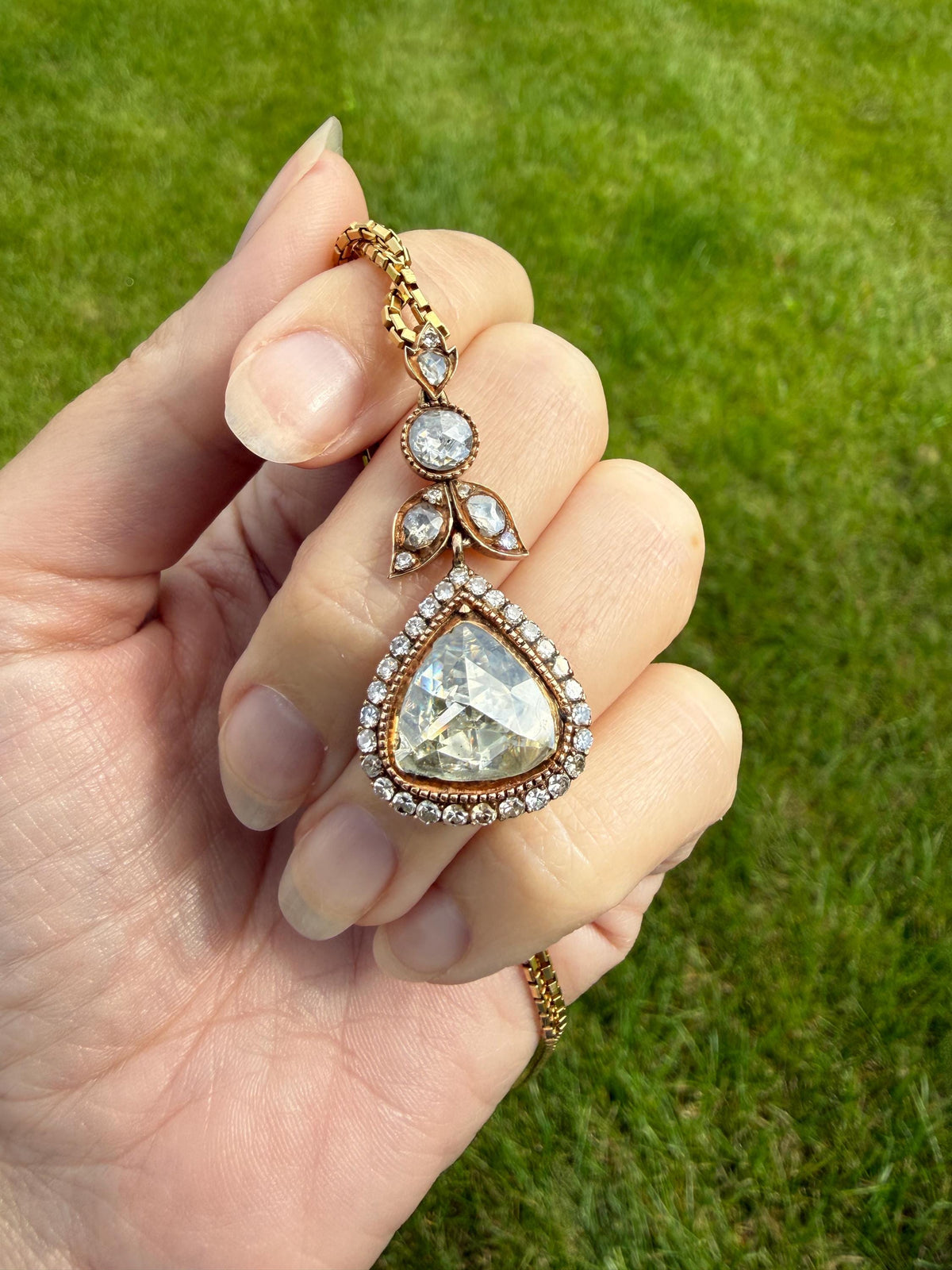 PEAR Triangular Antique XL Natural Old Dutch Rose Cut DIAMOND 3.5 Carat Chubby Pendant 14k Gold Xx Carat Retro Vintage 18k Venetian Chain
