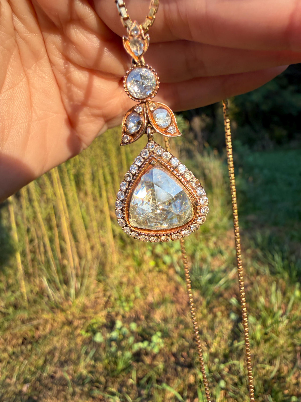 PEAR Triangular Antique XL Natural Old Dutch Rose Cut DIAMOND 3.5 Carat Chubby Pendant 14k Gold Xx Carat Retro Vintage 18k Venetian Chain