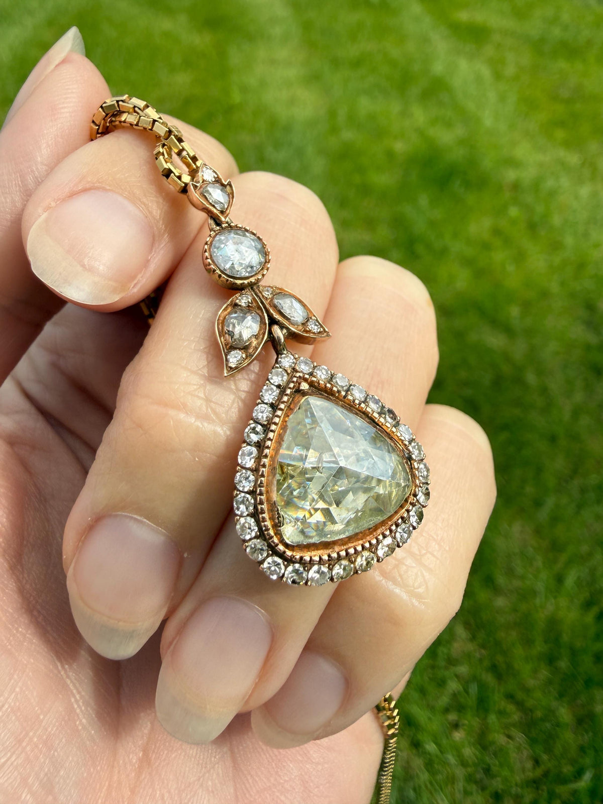 PEAR Triangular Antique XL Natural Old Dutch Rose Cut DIAMOND 3.5 Carat Chubby Pendant 14k Gold Xx Carat Retro Vintage 18k Venetian Chain