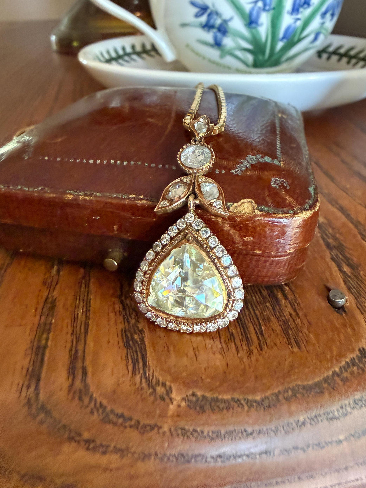 PEAR Triangular Antique XL Natural Old Dutch Rose Cut DIAMOND 3.5 Carat Chubby Pendant 14k Gold Xx Carat Retro Vintage 18k Venetian Chain