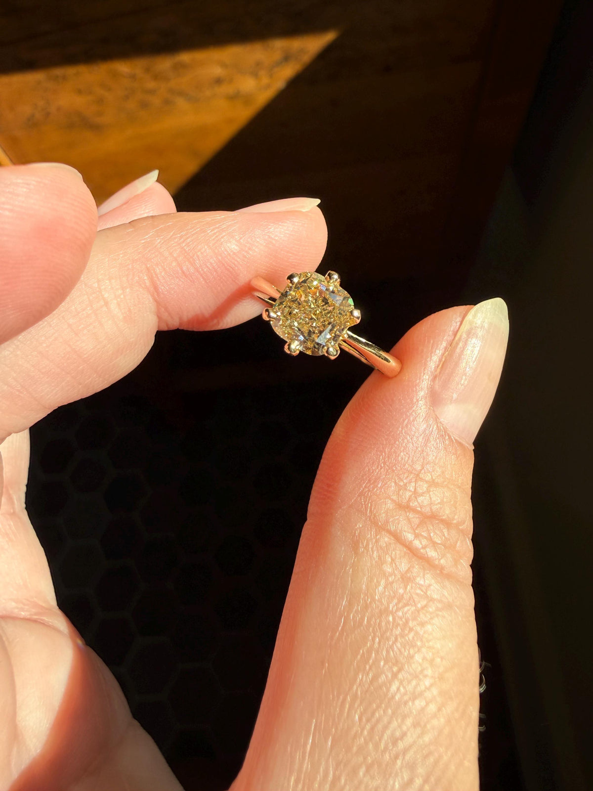Fancy Brownish Yellow Eye Clean 1.52 Carat Cushion Cut DIAMOND Ring w/ CERT. French Vintage Solitaire 18k Gold Engagement Paris Find