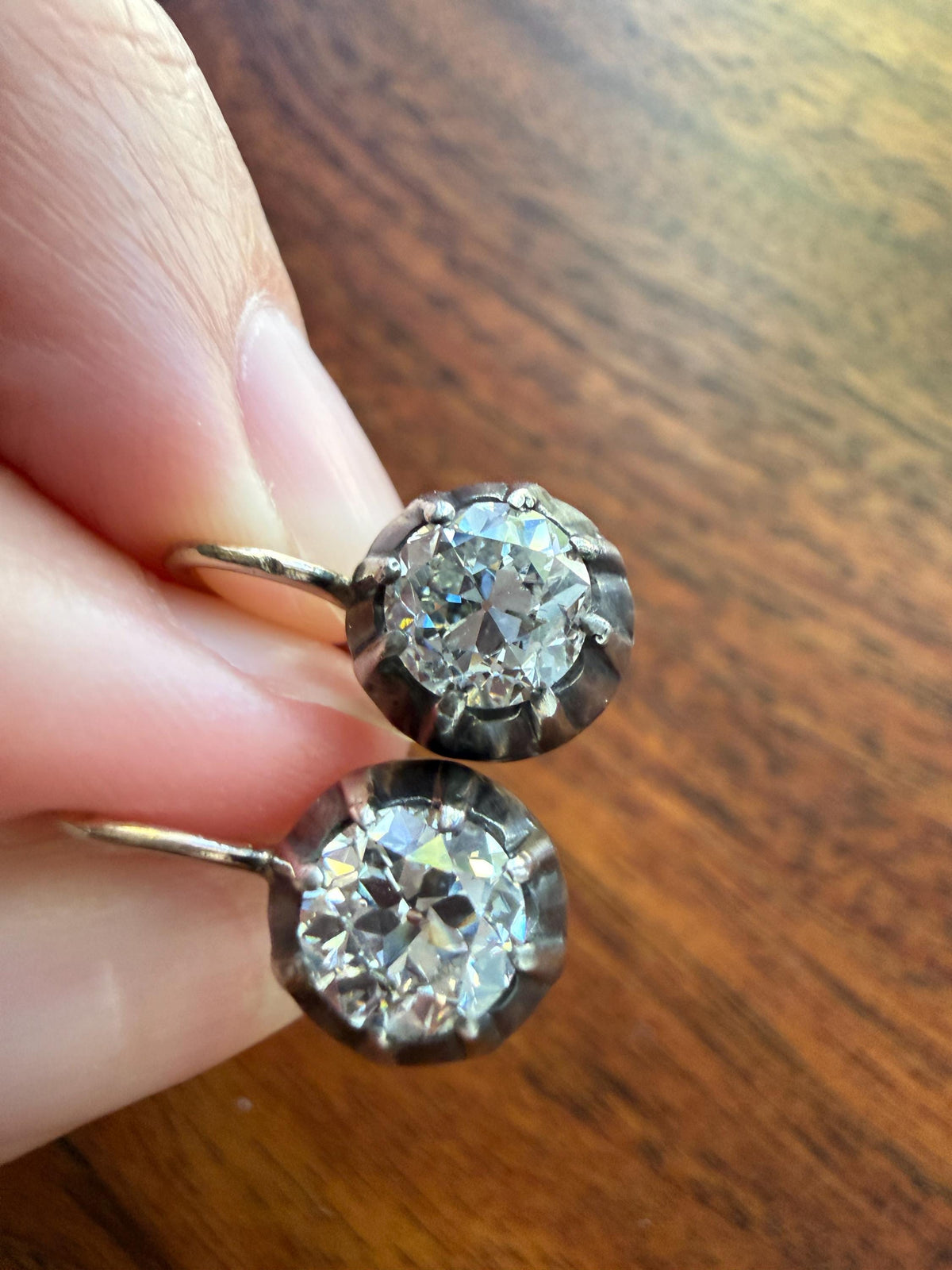 Original Antique Two Carats Tdw Natural Old Mine Cut Diamond Earrings 14k Gold Silver Collets Victorian Dangle Dormeuse Gift 2Ctw