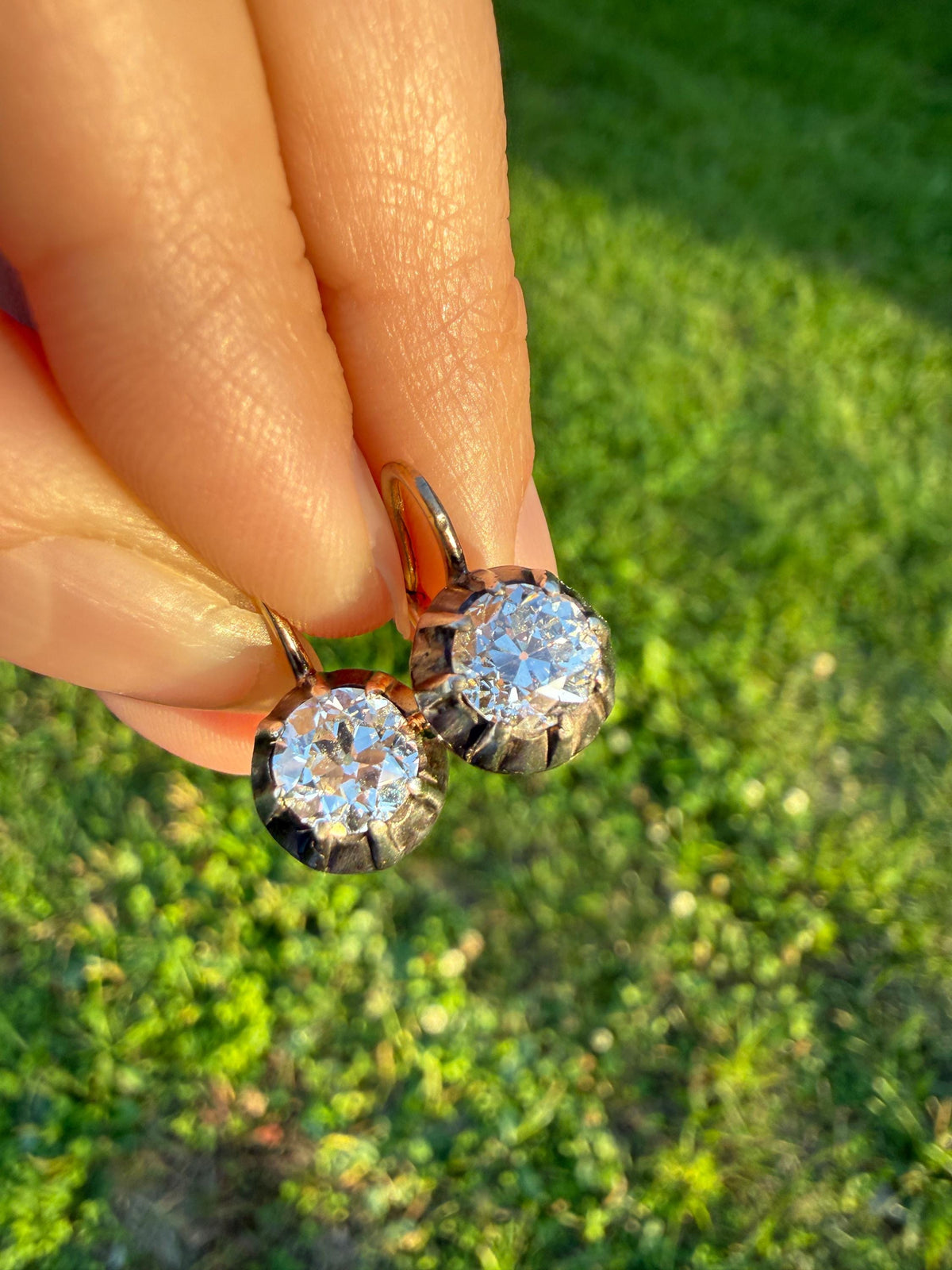 Original Antique Two Carats Tdw Natural Old Mine Cut Diamond Earrings 14k Gold Silver Collets Victorian Dangle Dormeuse Gift 2Ctw
