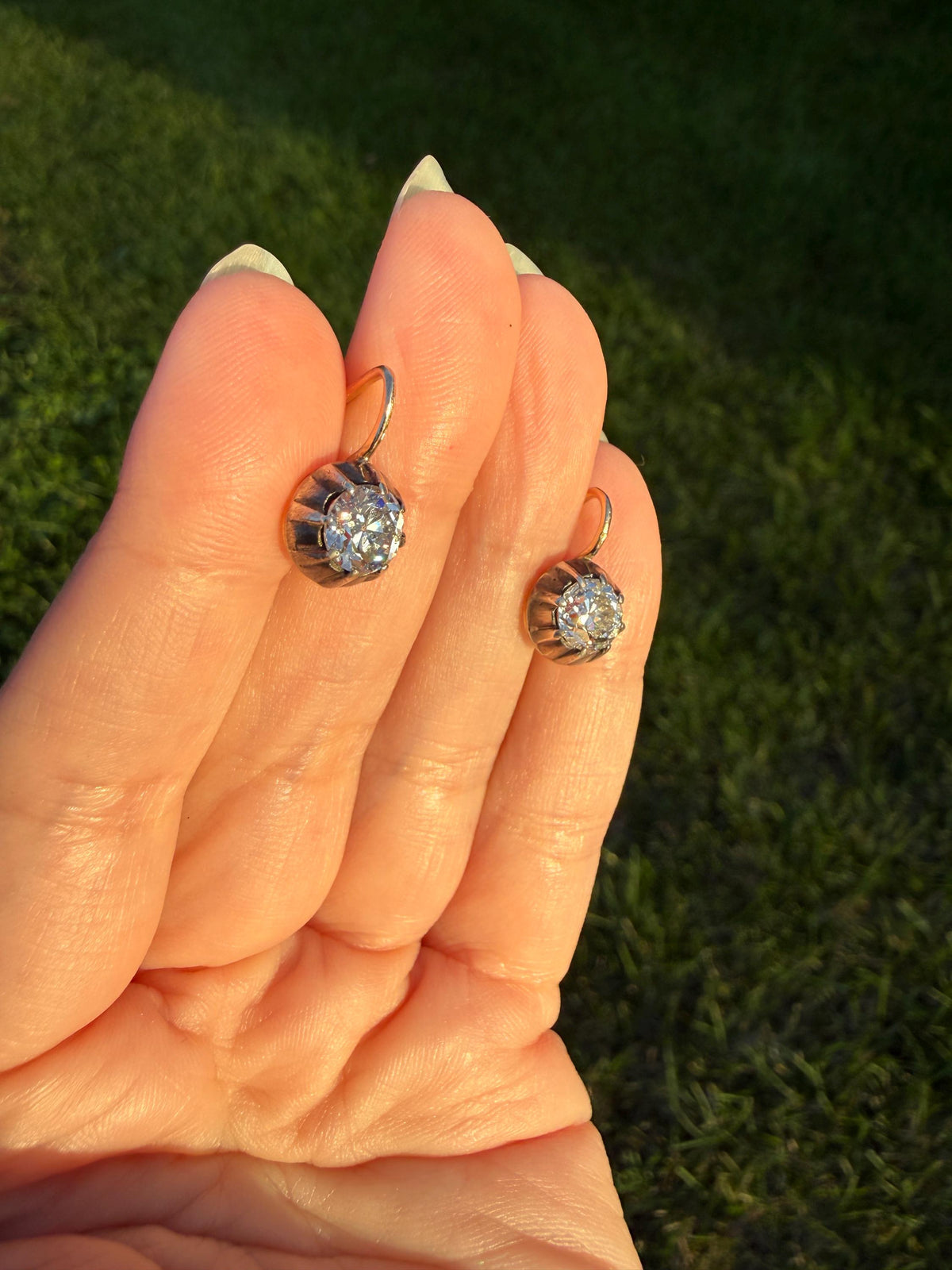 Original Antique Two Carats Tdw Natural Old Mine Cut Diamond Earrings 14k Gold Silver Collets Victorian Dangle Dormeuse Gift 2Ctw