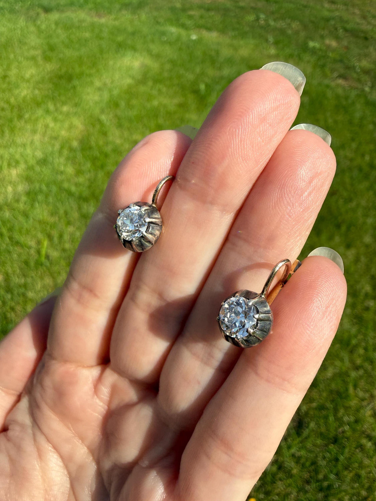 Original Antique Two Carats Tdw Natural Old Mine Cut Diamond Earrings 14k Gold Silver Collets Victorian Dangle Dormeuse Gift 2Ctw