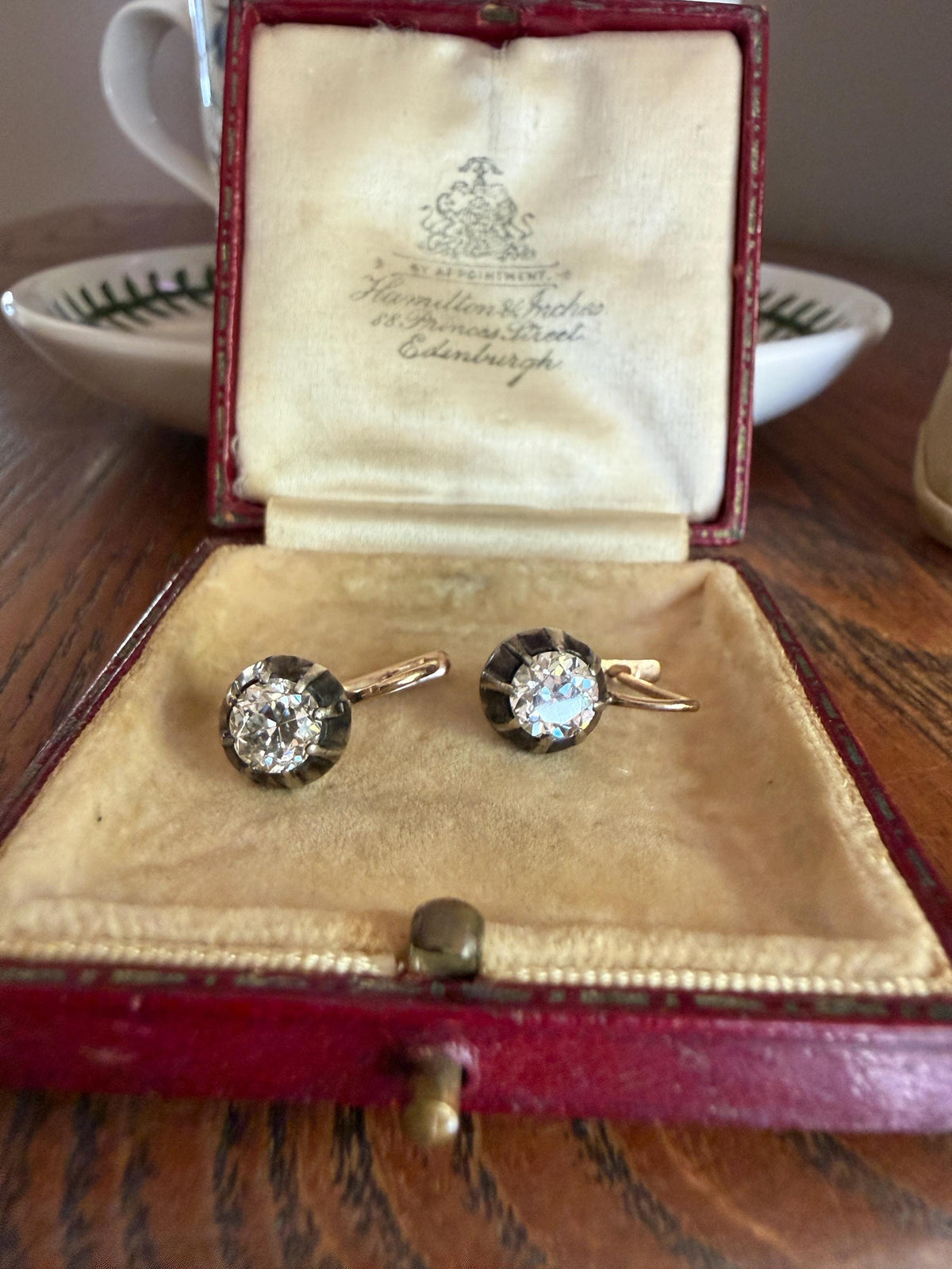 Original Antique Two Carats Tdw Natural Old Mine Cut Diamond Earrings 14k Gold Silver Collets Victorian Dangle Dormeuse Gift 2Ctw
