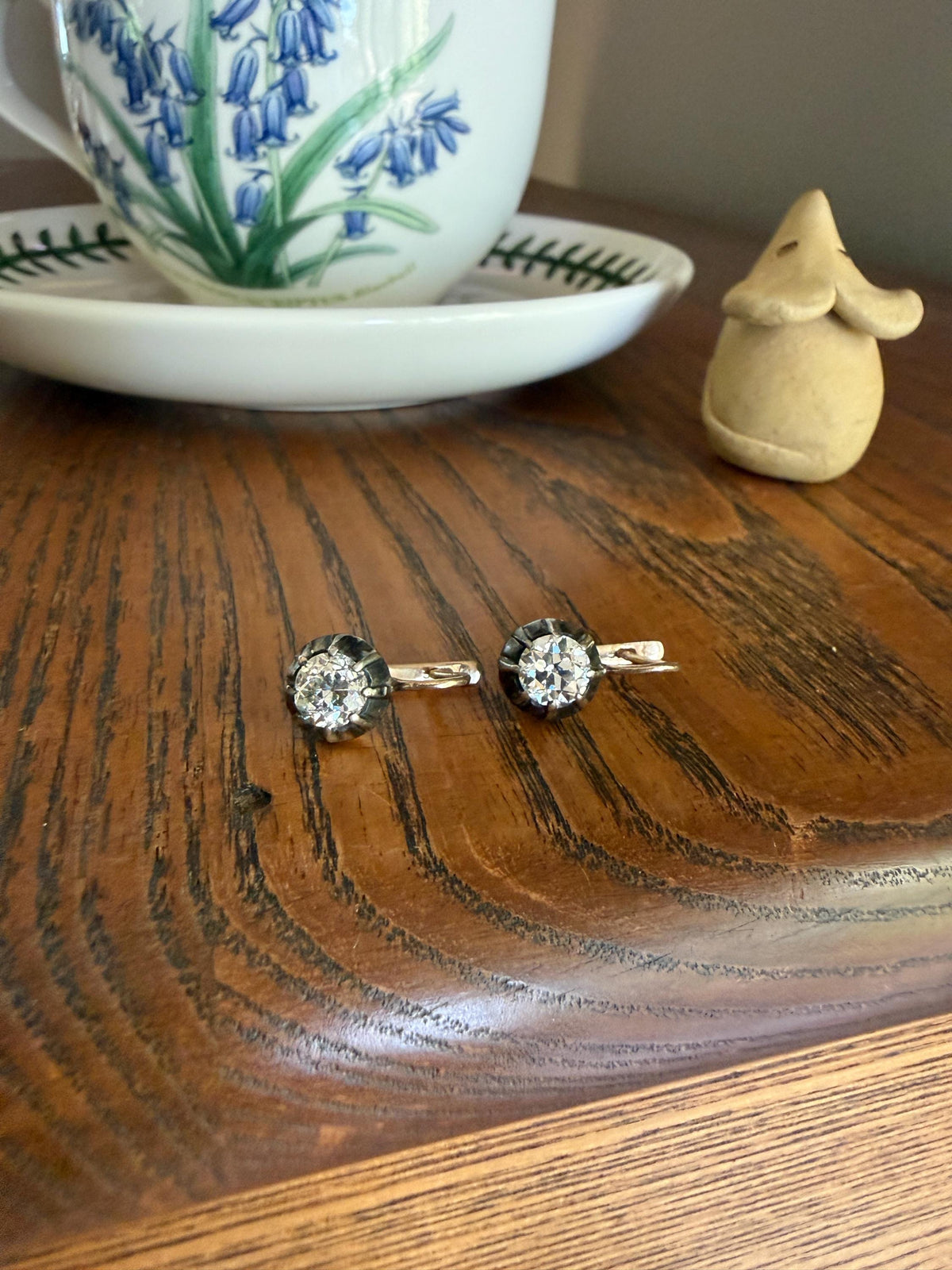 Original Antique Two Carats Tdw Natural Old Mine Cut Diamond Earrings 14k Gold Silver Collets Victorian Dangle Dormeuse Gift 2Ctw