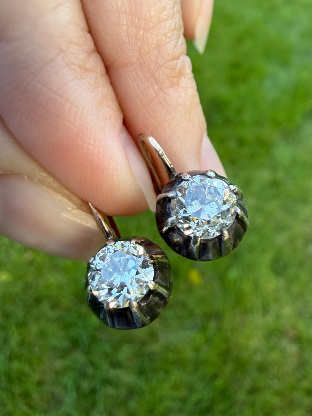Original Antique Two Carats Tdw Natural Old Mine Cut Diamond Earrings 14k Gold Silver Collets Victorian Dangle Dormeuse Gift 2Ctw