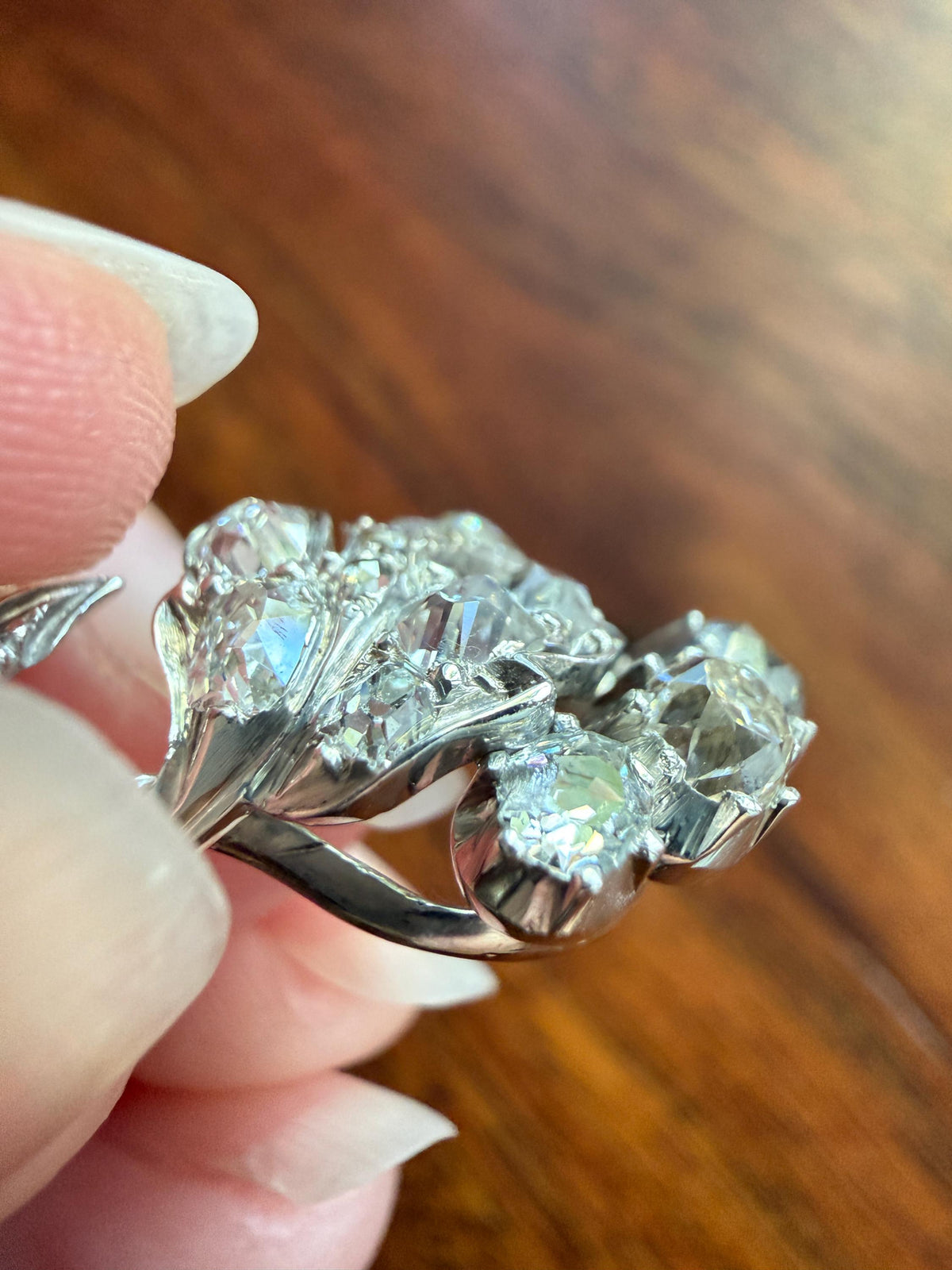 Floral Antique 1.75 Carats Chunky Natural Old Mine Cut DIAMOND 18k Gold Silver French Cluster Pendant Leaf Giardinetti Peruzzi Elongated