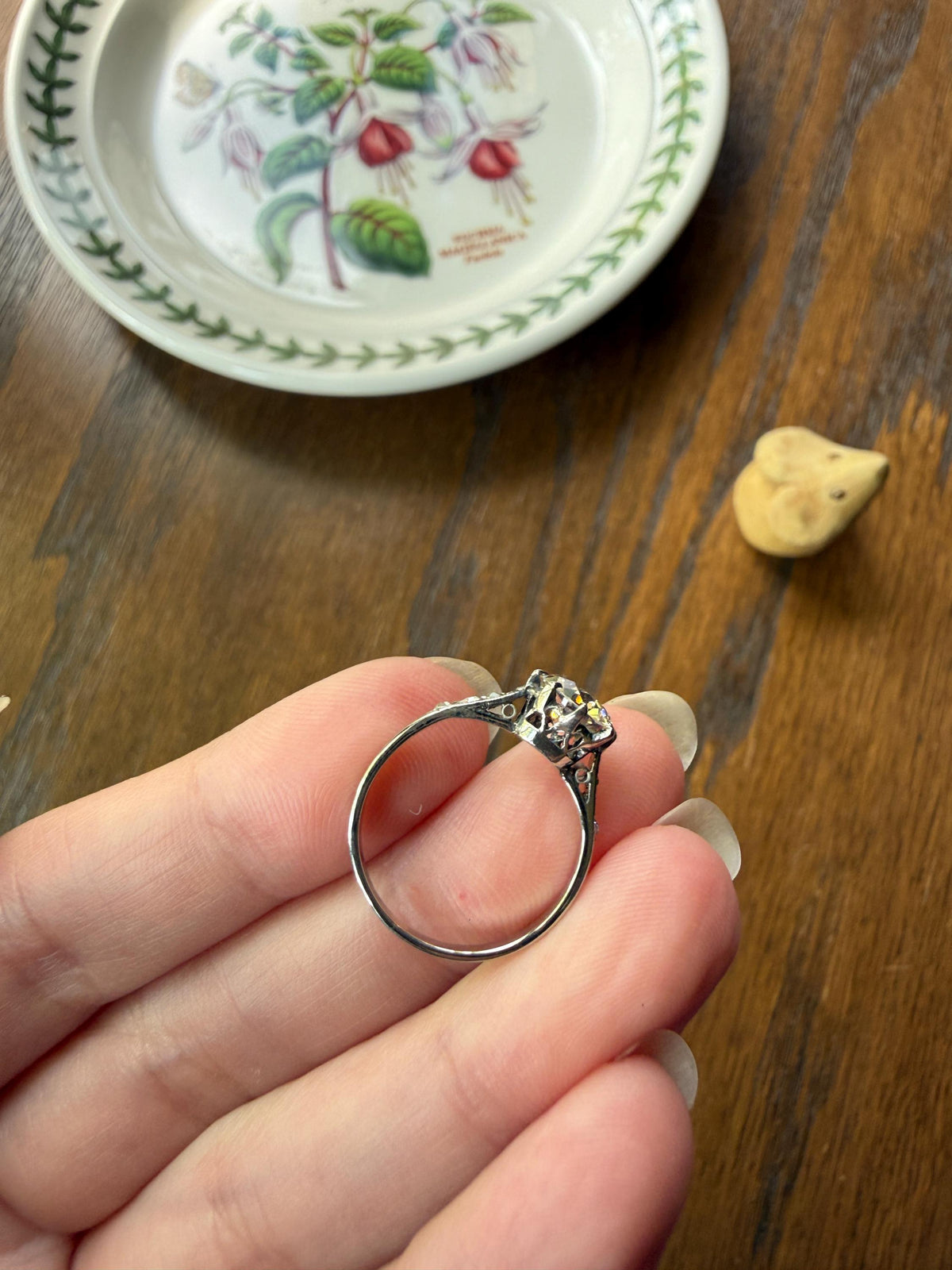 Antique Art Deco One Carat + Natural Old European Cut DIAMOND Solitaire Engagement Ring Old Mine Stacker 18k White Gold Wedding