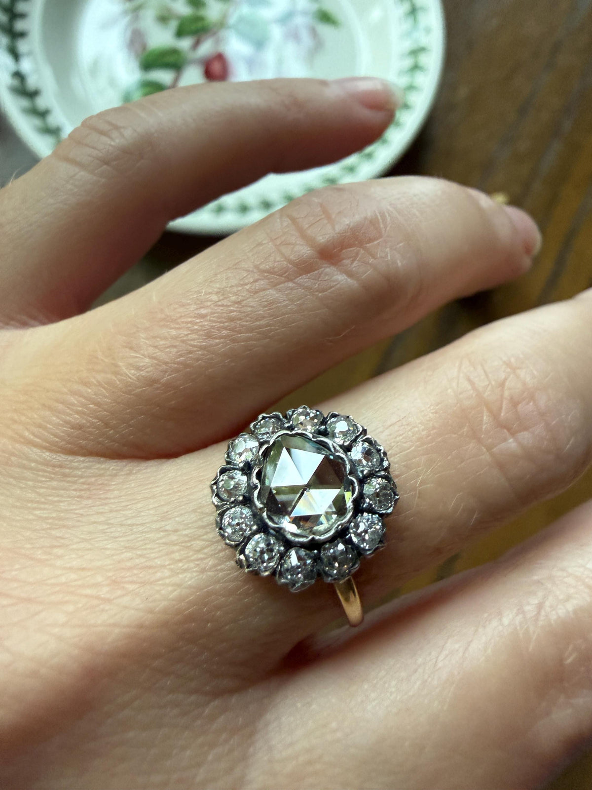 Antique Old Mine & Eye Clean Rose Cut Diamond Daisy Cluster Ring 18k Silver French Edwardian Disco Ball Halo Scalloped Stacker