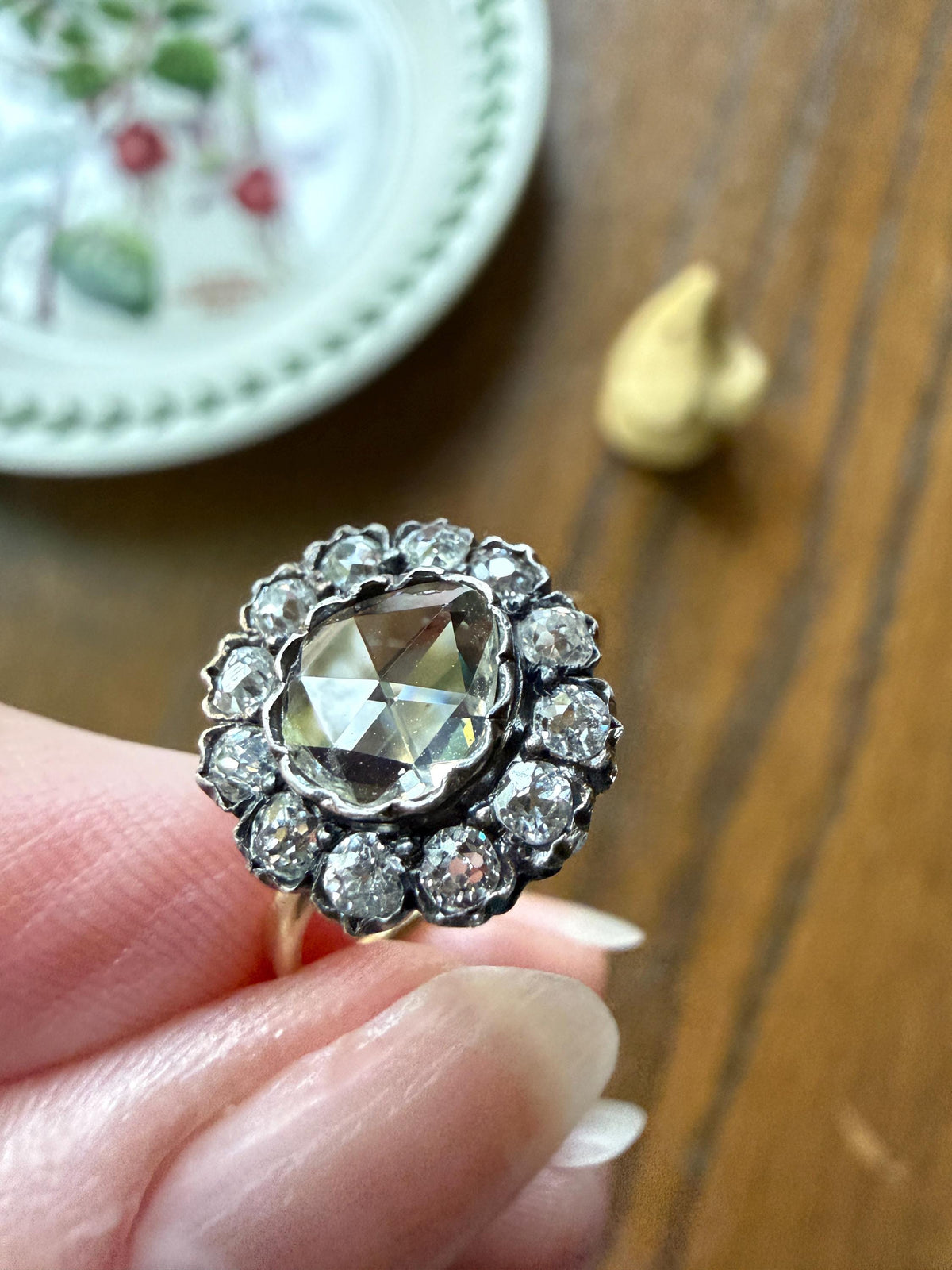 Antique Old Mine & Eye Clean Rose Cut Diamond Daisy Cluster Ring 18k Silver French Edwardian Disco Ball Halo Scalloped Stacker