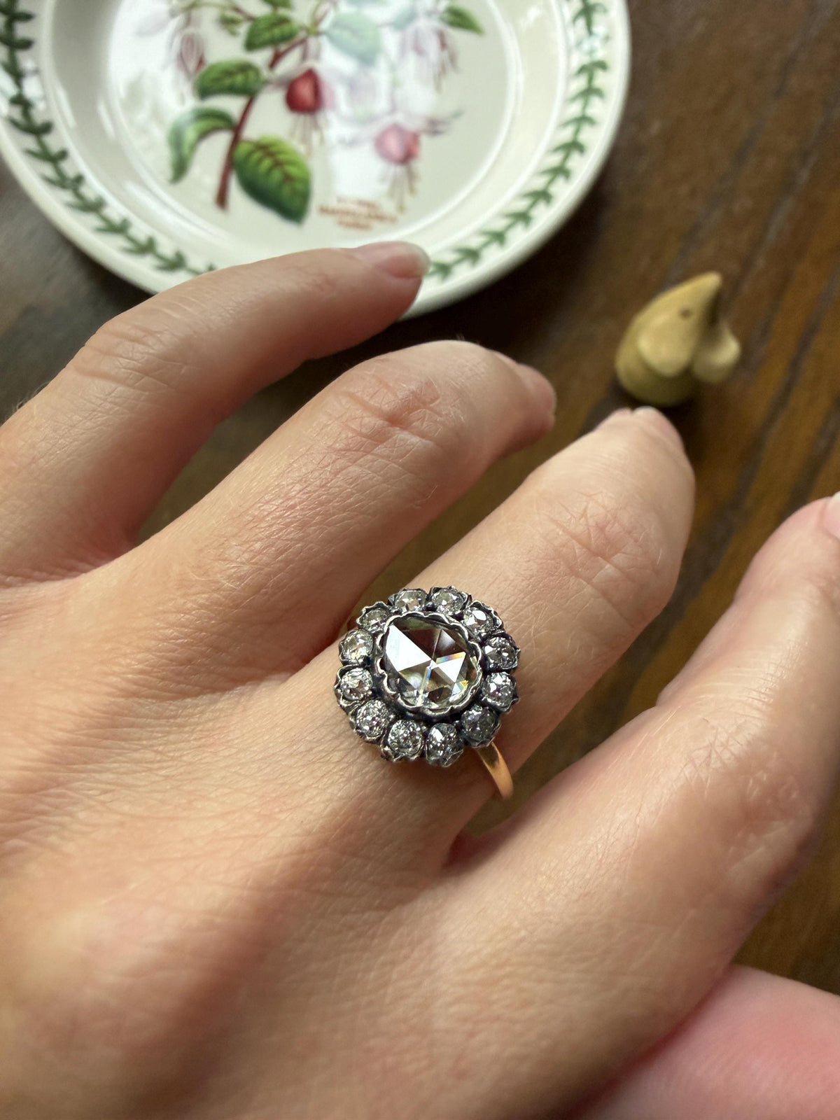 Antique Old Mine & Eye Clean Rose Cut Diamond Daisy Cluster Ring 18k Silver French Edwardian Disco Ball Halo Scalloped Stacker