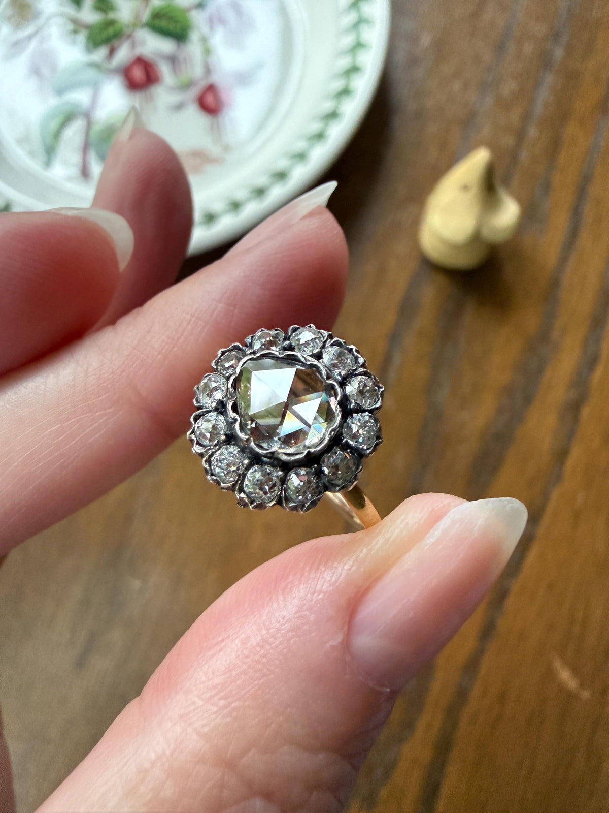 Antique Old Mine & Eye Clean Rose Cut Diamond Daisy Cluster Ring 18k Silver French Edwardian Disco Ball Halo Scalloped Stacker