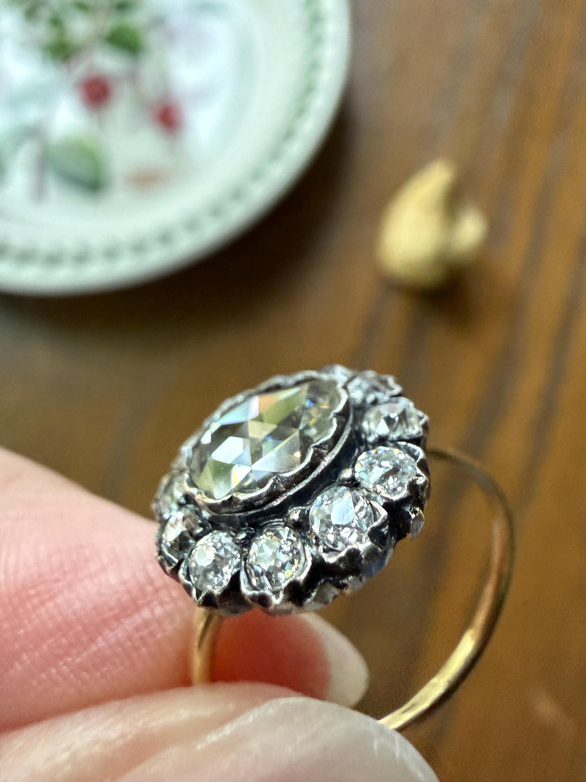 Antique Old Mine & Eye Clean Rose Cut Diamond Daisy Cluster Ring 18k Silver French Edwardian Disco Ball Halo Scalloped Stacker