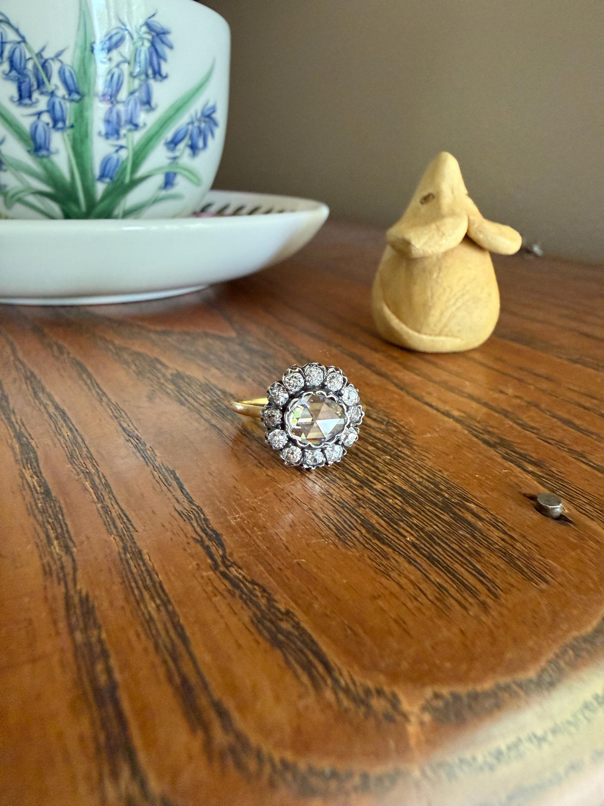 Antique Old Mine & Eye Clean Rose Cut Diamond Daisy Cluster Ring 18k Silver French Edwardian Disco Ball Halo Scalloped Stacker