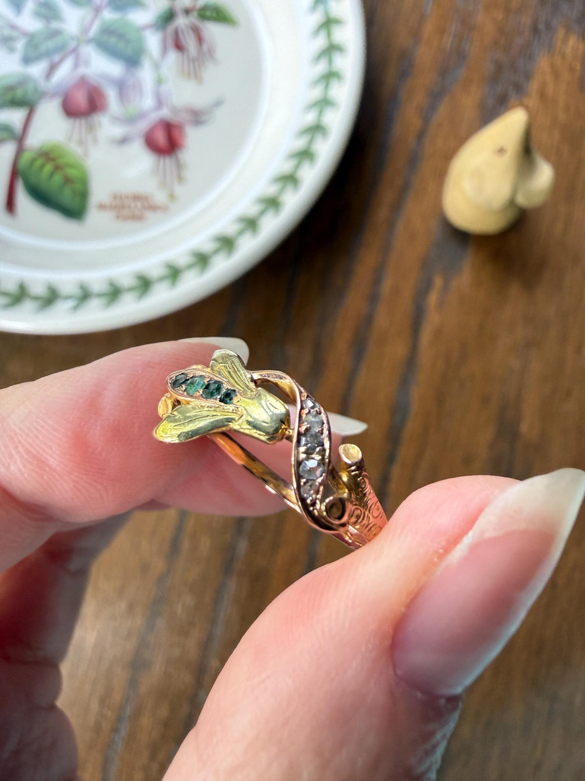 Rare French Antique Art Nouveau Floral 3D Cyclamen Ring 18k Tricolor Rose & Green Gold Emerald Rose Cut Diamonds Figural Stacker Band