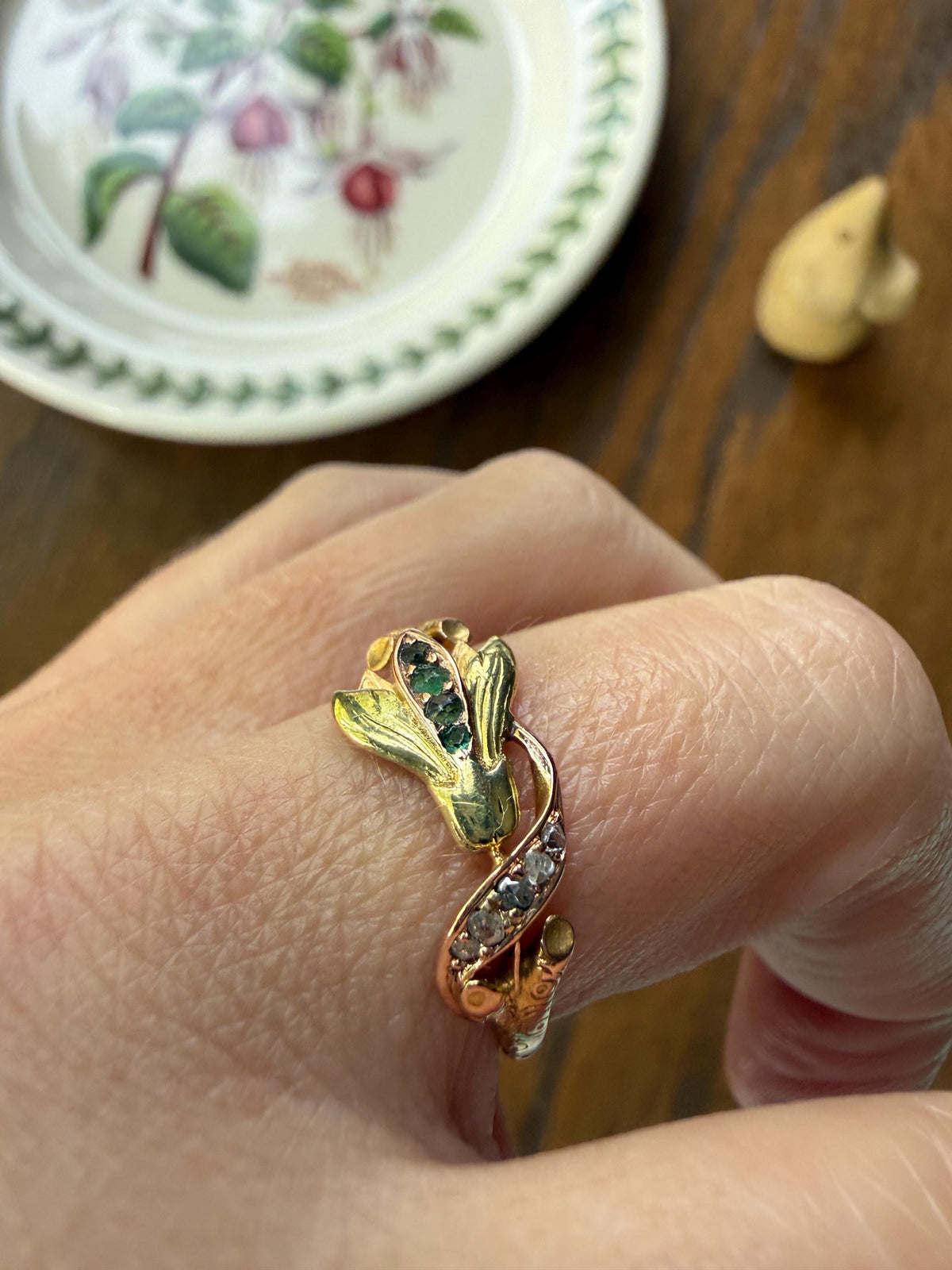 Rare French Antique Art Nouveau Floral 3D Cyclamen Ring 18k Tricolor Rose & Green Gold Emerald Rose Cut Diamonds Figural Stacker Band