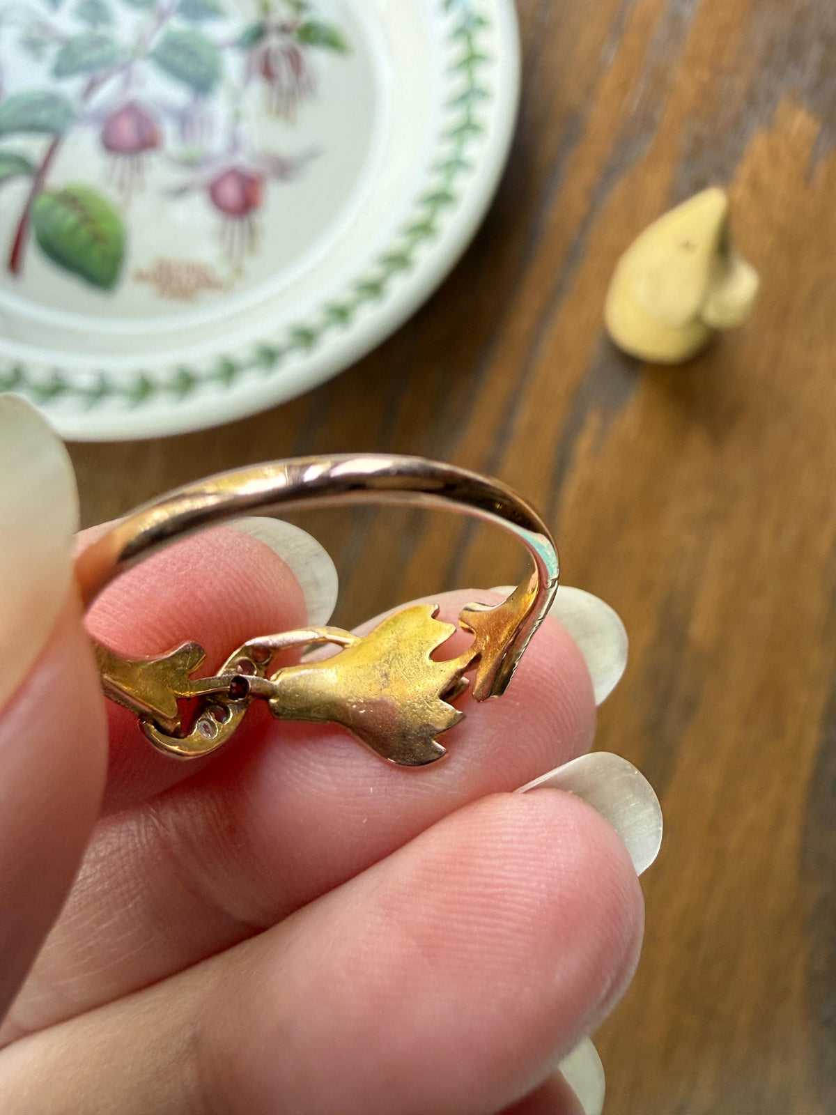 Rare French Antique Art Nouveau Floral 3D Cyclamen Ring 18k Tricolor Rose & Green Gold Emerald Rose Cut Diamonds Figural Stacker Band