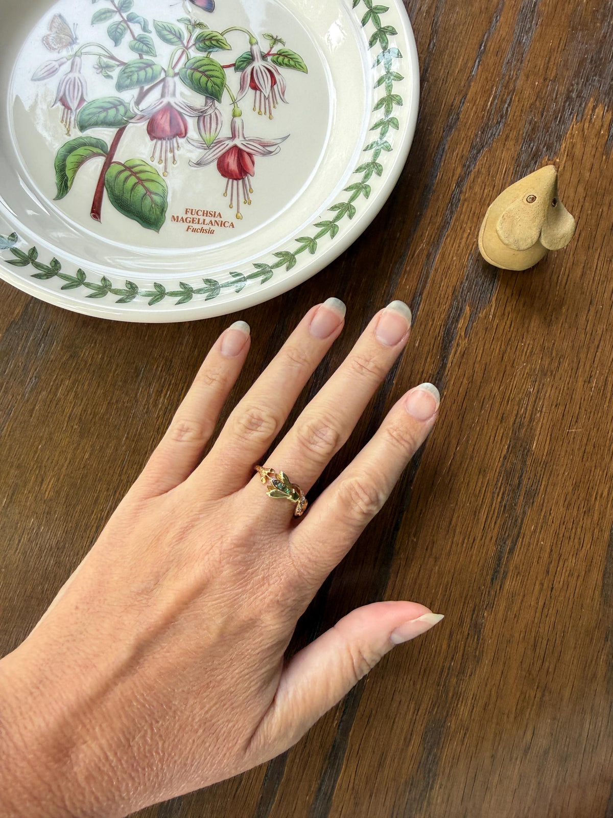 Rare French Antique Art Nouveau Floral 3D Cyclamen Ring 18k Tricolor Rose & Green Gold Emerald Rose Cut Diamonds Figural Stacker Band