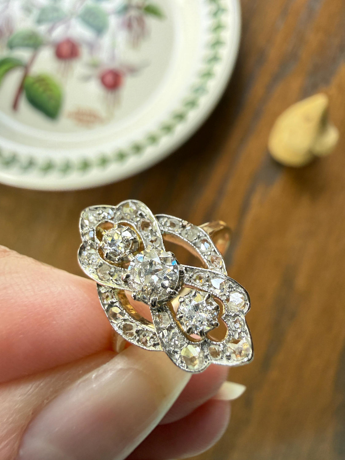French Antique Belle Epoque Scrolled Shield Ring 1.3 Carats Natural Old Mine Rose Cut Diamond Ornate Art Nouveau 18k Gold Victorian