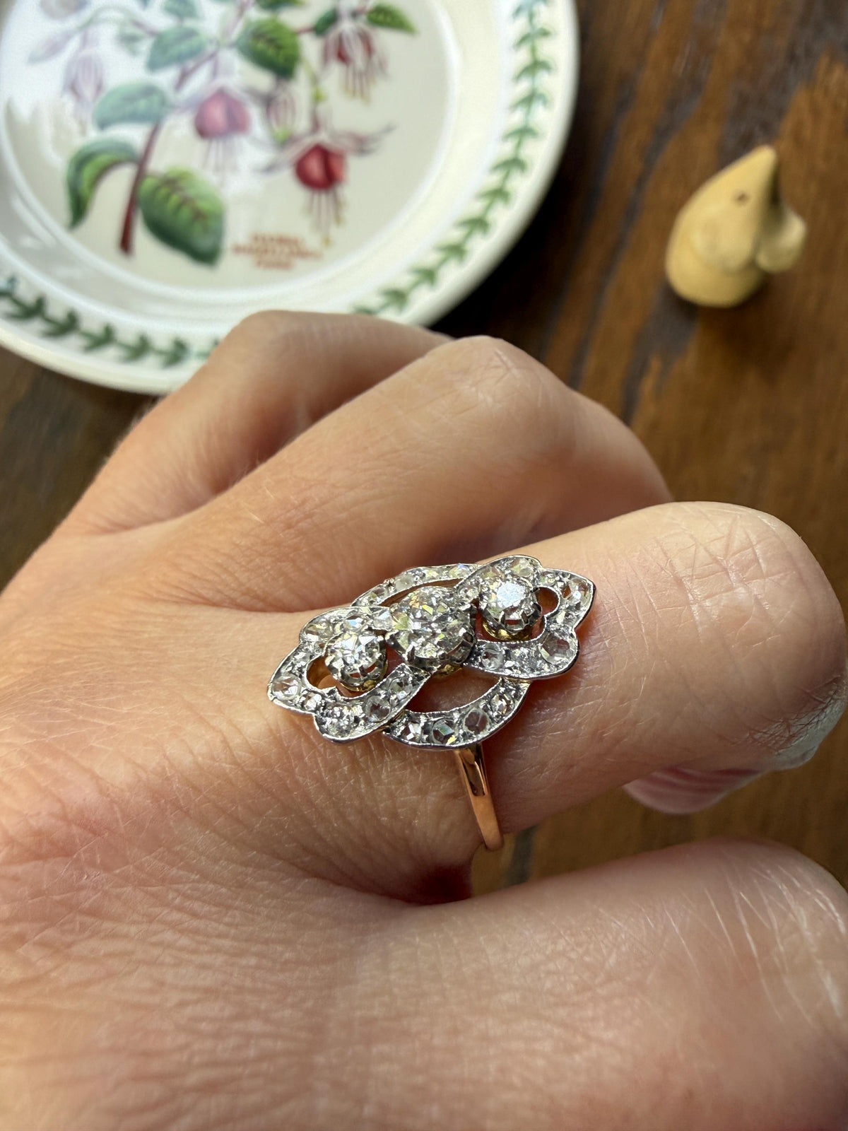 French Antique Belle Epoque Scrolled Shield Ring 1.3 Carats Natural Old Mine Rose Cut Diamond Ornate Art Nouveau 18k Gold Victorian