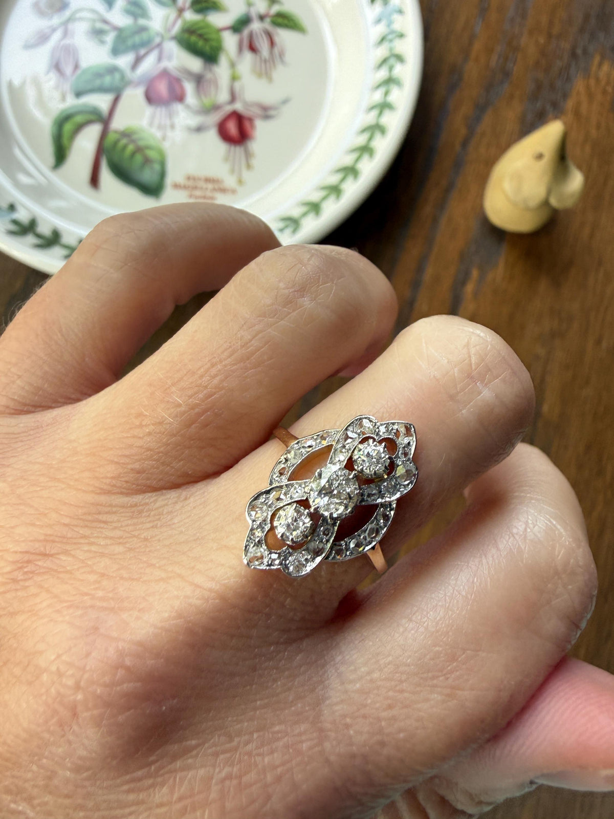 French Antique Belle Epoque Scrolled Shield Ring 1.3 Carats Natural Old Mine Rose Cut Diamond Ornate Art Nouveau 18k Gold Victorian