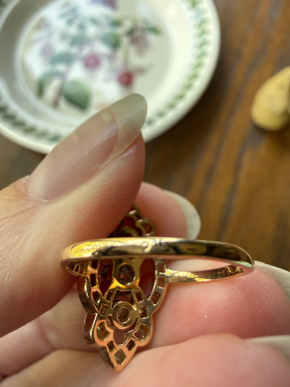 French Antique Belle Epoque Scrolled Shield Ring 1.3 Carats Natural Old Mine Rose Cut Diamond Ornate Art Nouveau 18k Gold Victorian