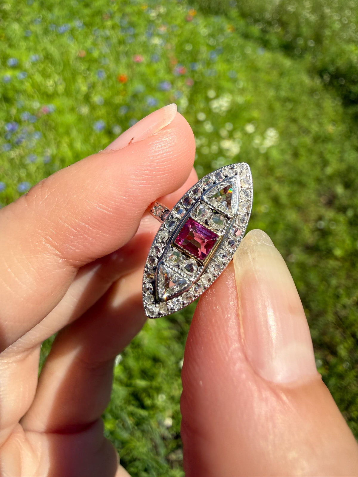 Unique French Antique 1.1 Carat Tdw TRIANGLE Old Cut Diamond Ruby and Rose Cut Navette Ring 18k Gold Triangular Trillion