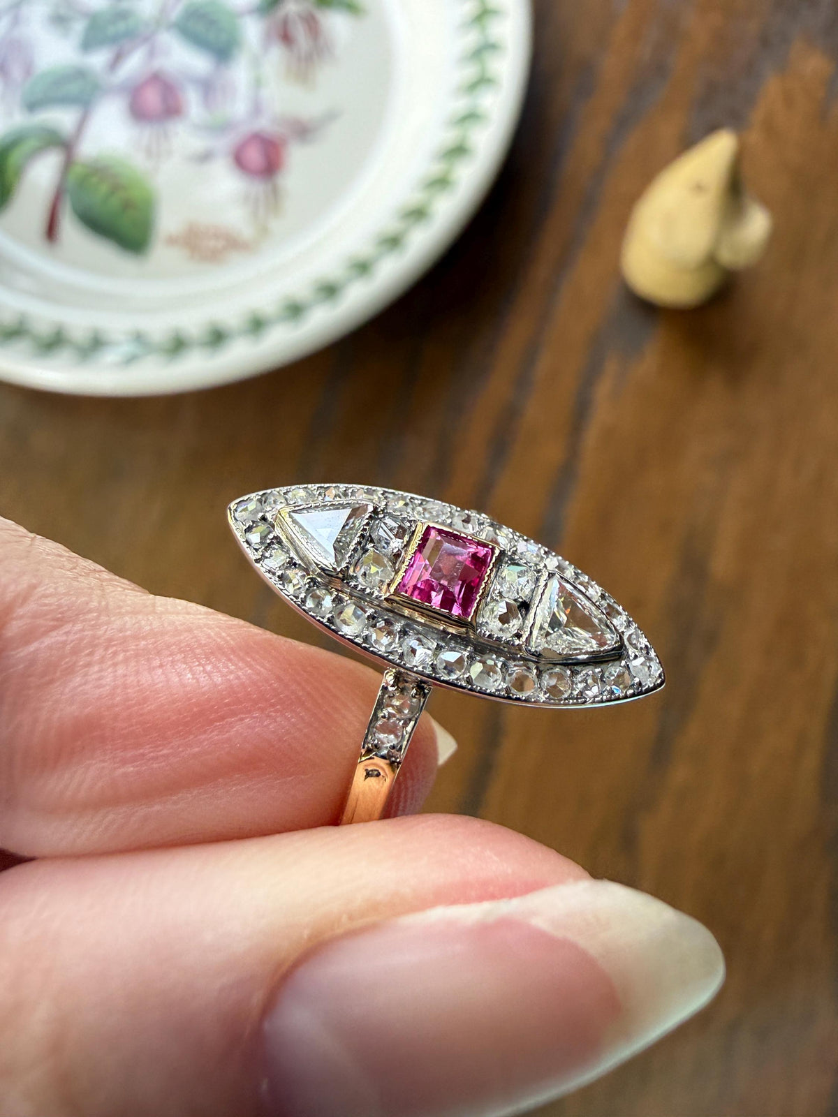Unique French Antique 1.1 Carat Tdw TRIANGLE Old Cut Diamond Ruby and Rose Cut Navette Ring 18k Gold Triangular Trillion