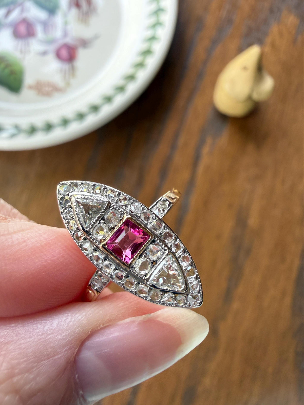 Unique French Antique 1.1 Carat Tdw TRIANGLE Old Cut Diamond Ruby and Rose Cut Navette Ring 18k Gold Triangular Trillion