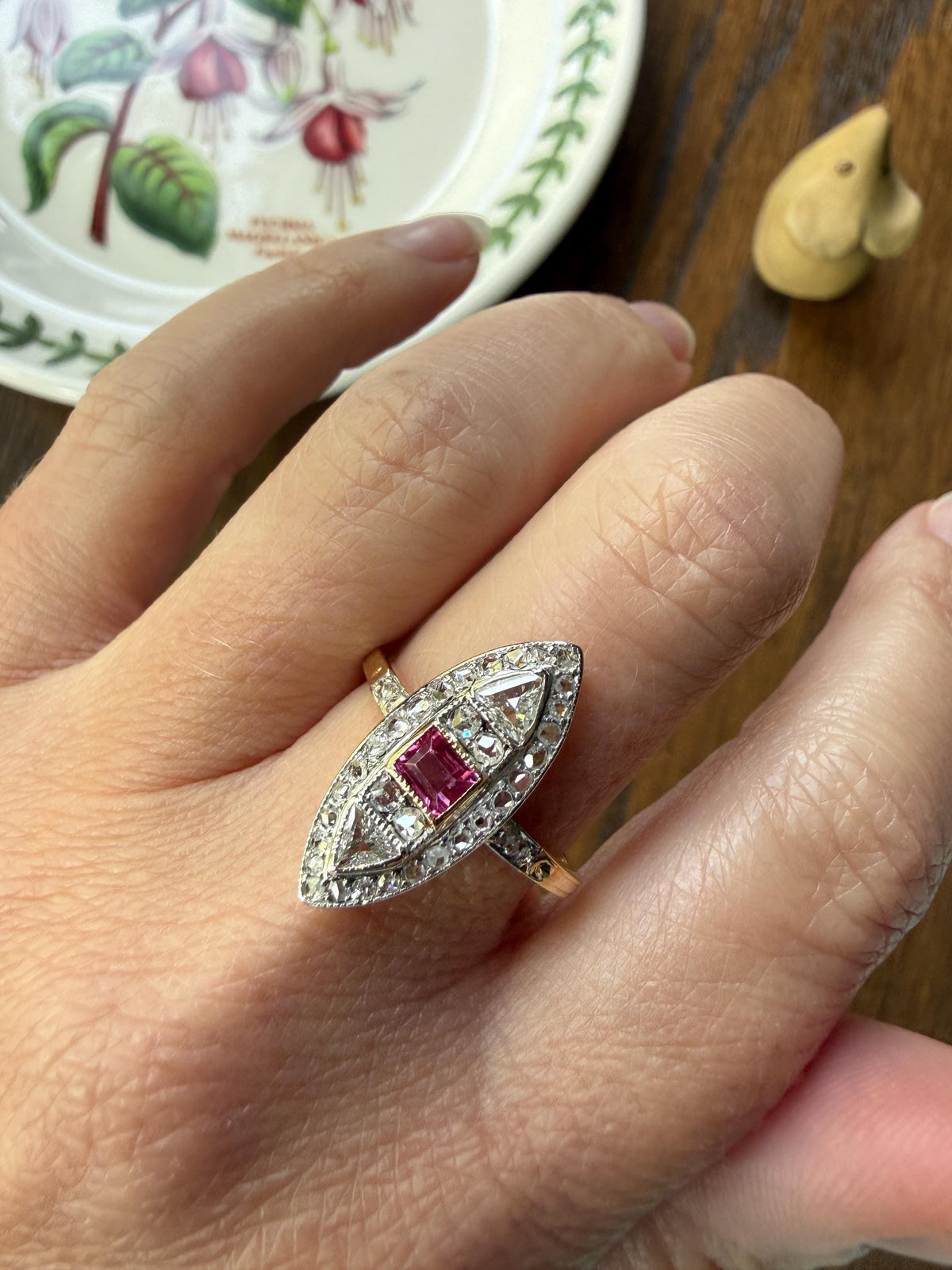 Unique French Antique 1.1 Carat Tdw TRIANGLE Old Cut Diamond Ruby and Rose Cut Navette Ring 18k Gold Triangular Trillion