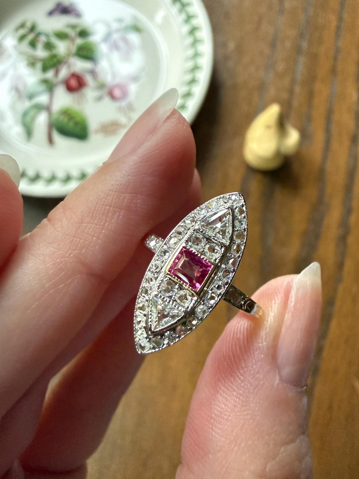 Unique French Antique 1.1 Carat Tdw TRIANGLE Old Cut Diamond Ruby and Rose Cut Navette Ring 18k Gold Triangular Trillion
