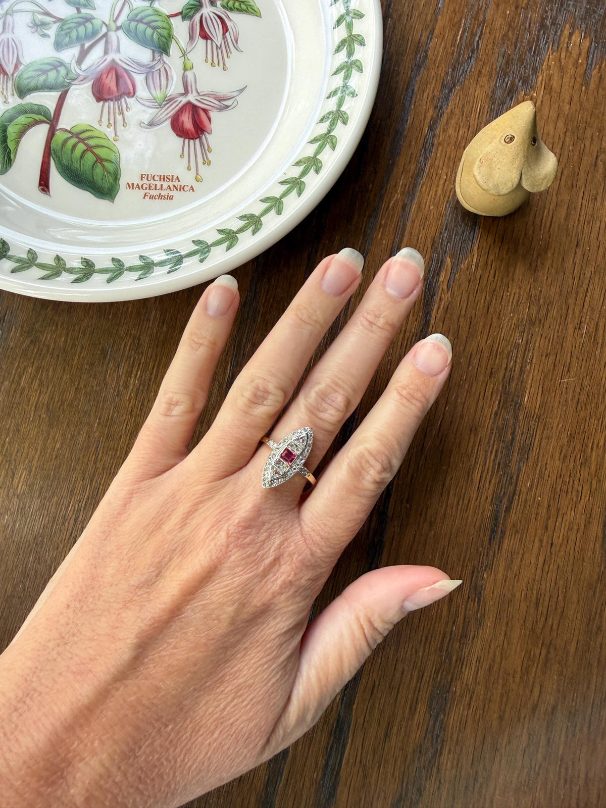 Unique French Antique 1.1 Carat Tdw TRIANGLE Old Cut Diamond Ruby and Rose Cut Navette Ring 18k Gold Triangular Trillion
